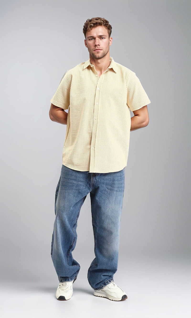 R210503 - Pencil Stripes Short Sleeves Shirt - Beige & Goldenrod