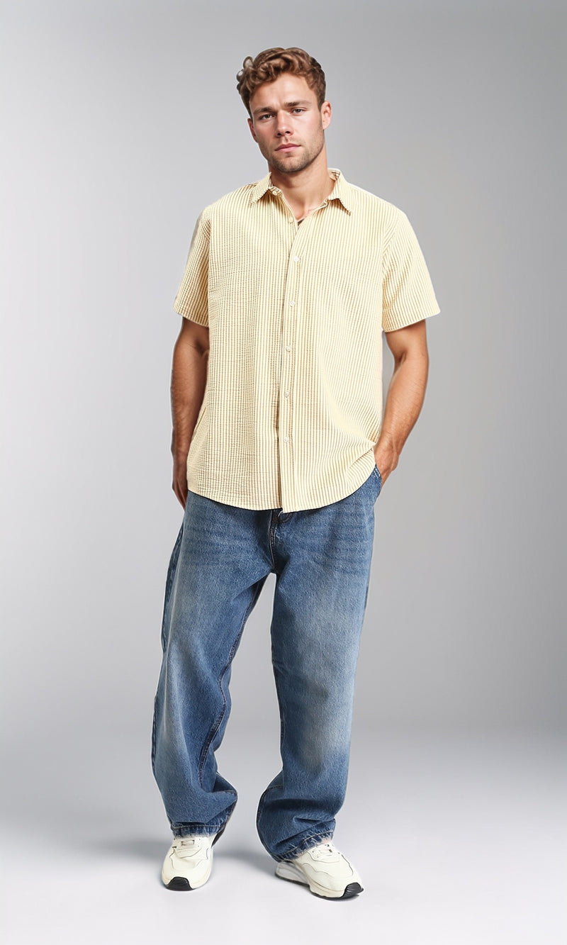 R210503 - Pencil Stripes Short Sleeves Shirt - Beige & Goldenrod