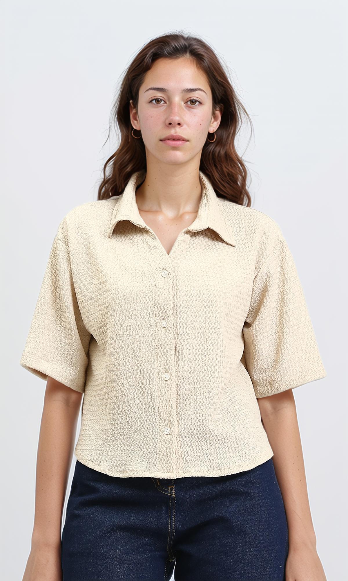 Buttons Down Textured Short Shirt - Beige