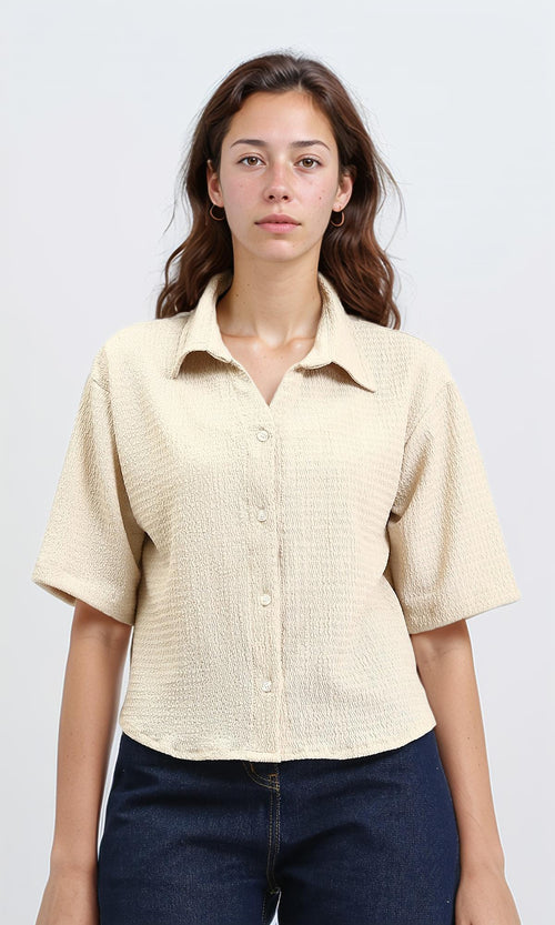 R210510 - Buttons Down Textured Short Shirt - Beige