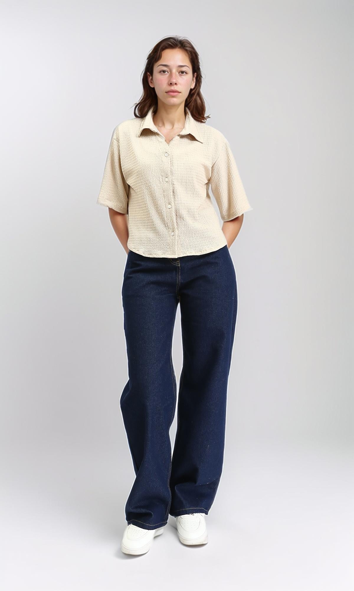 R210510 - Buttons Down Textured Short Shirt - Beige