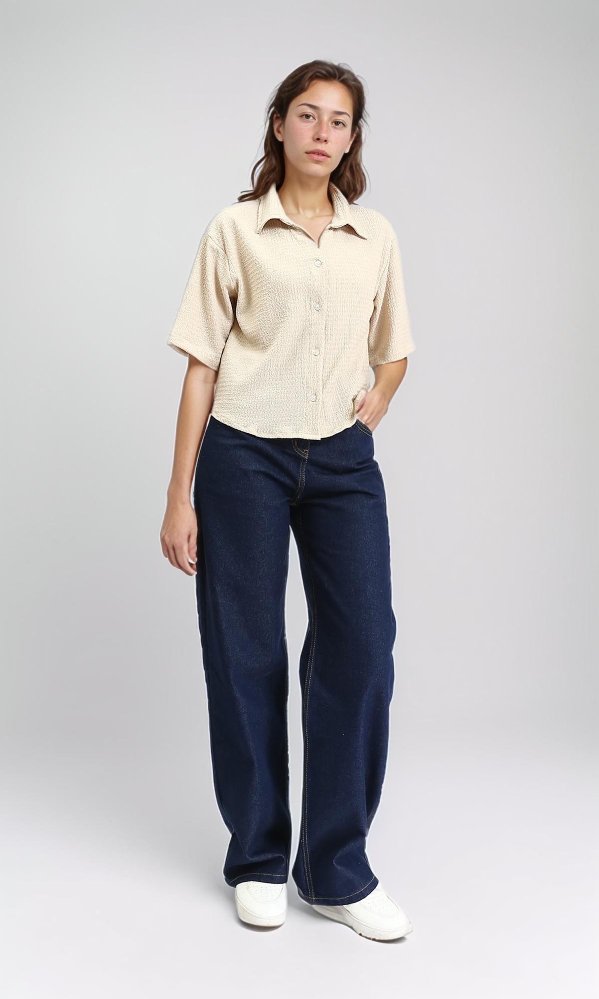 R210510 - Buttons Down Textured Short Shirt - Beige