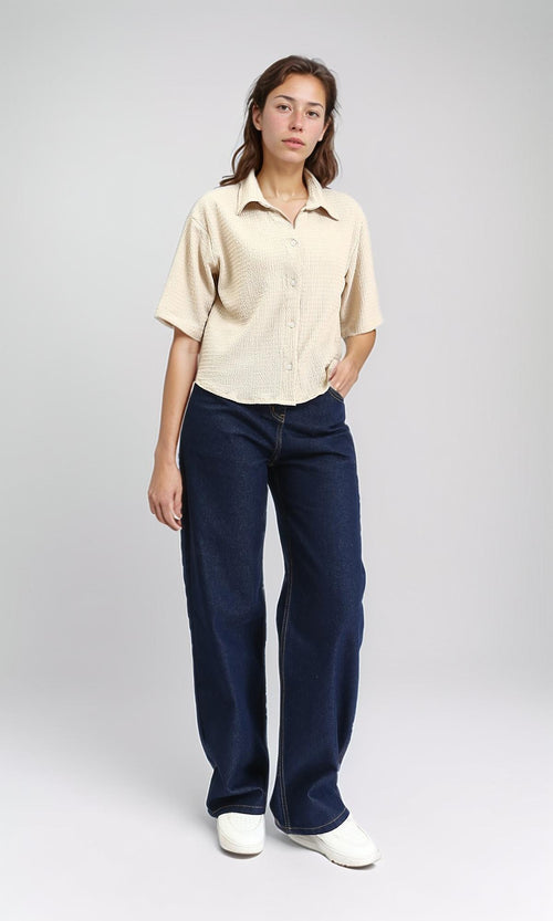 R210510 - Buttons Down Textured Short Shirt - Beige