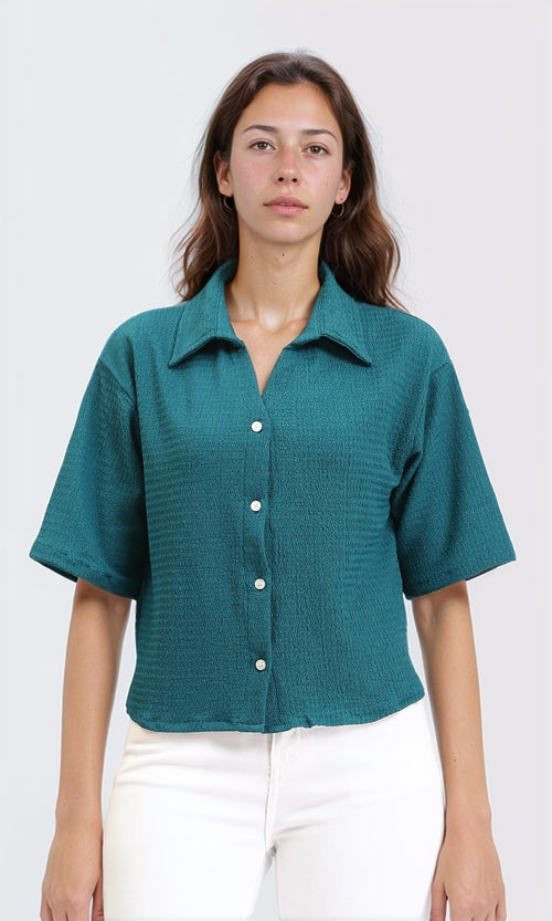 Buttons Down Textured Short Shirt - Teal