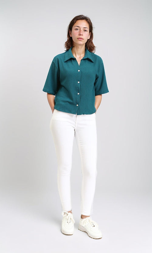 R210511 - Buttons Down Textured Short Shirt - Teal