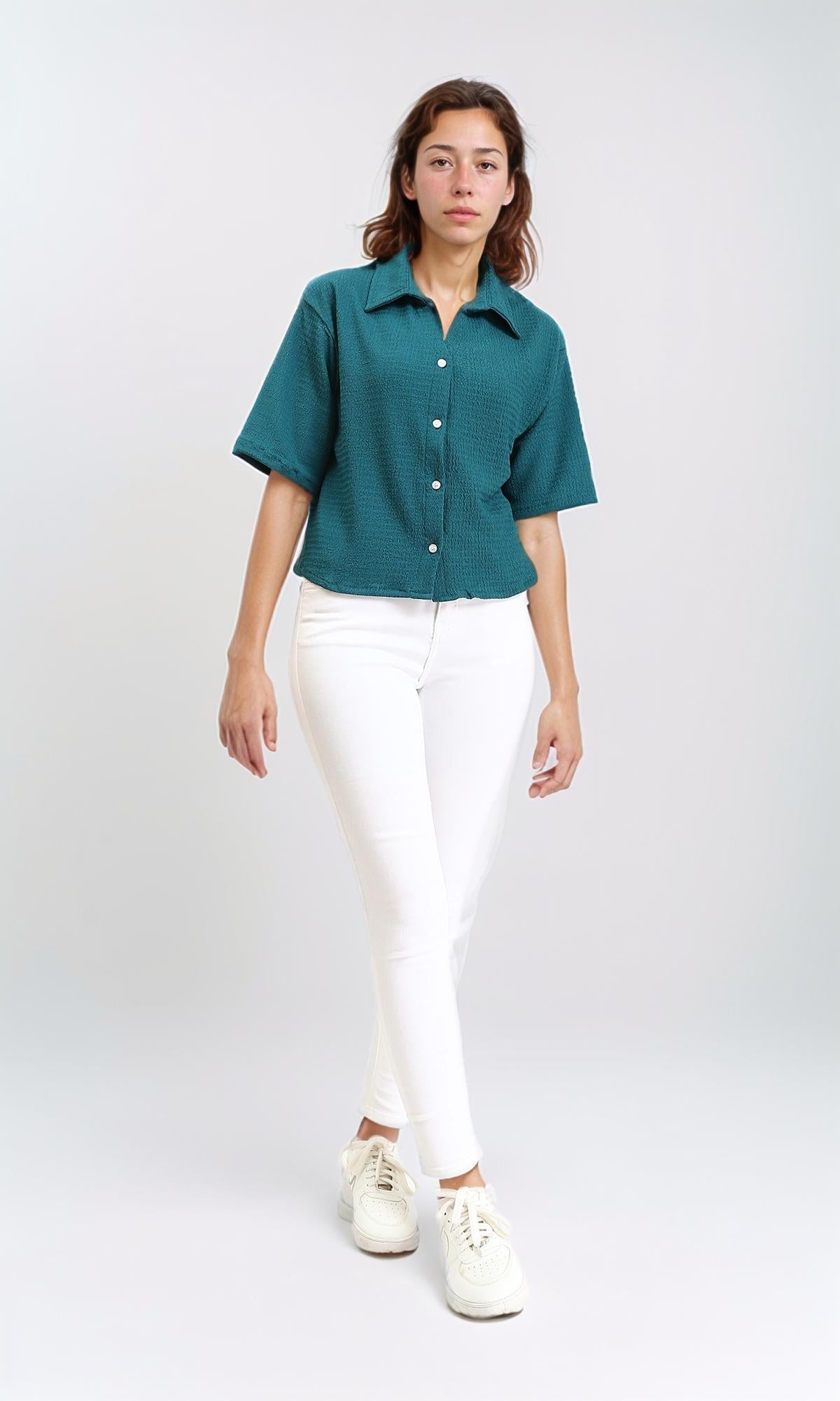 R210511 - Buttons Down Textured Short Shirt - Teal