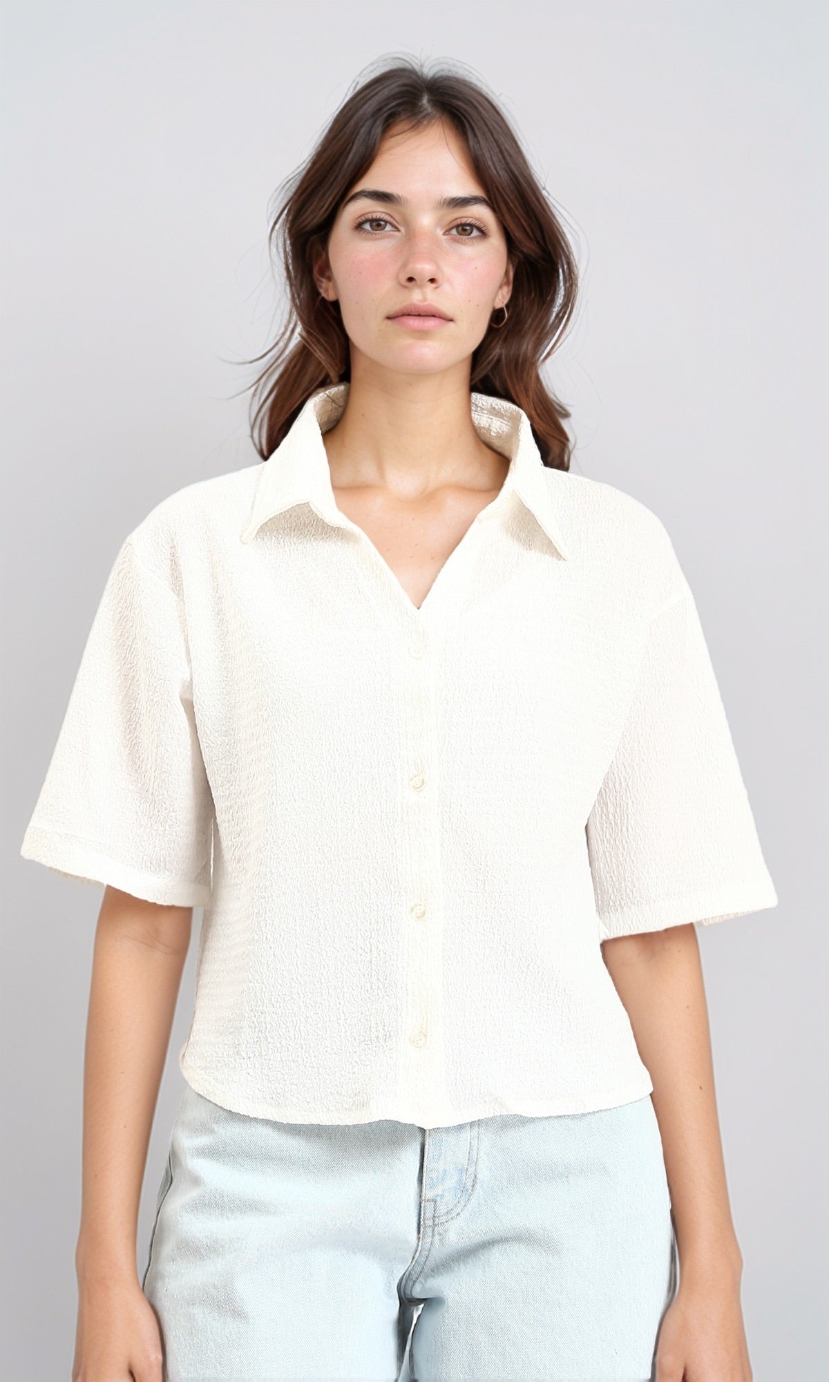 Buttons Down Textured Short Shirt - White