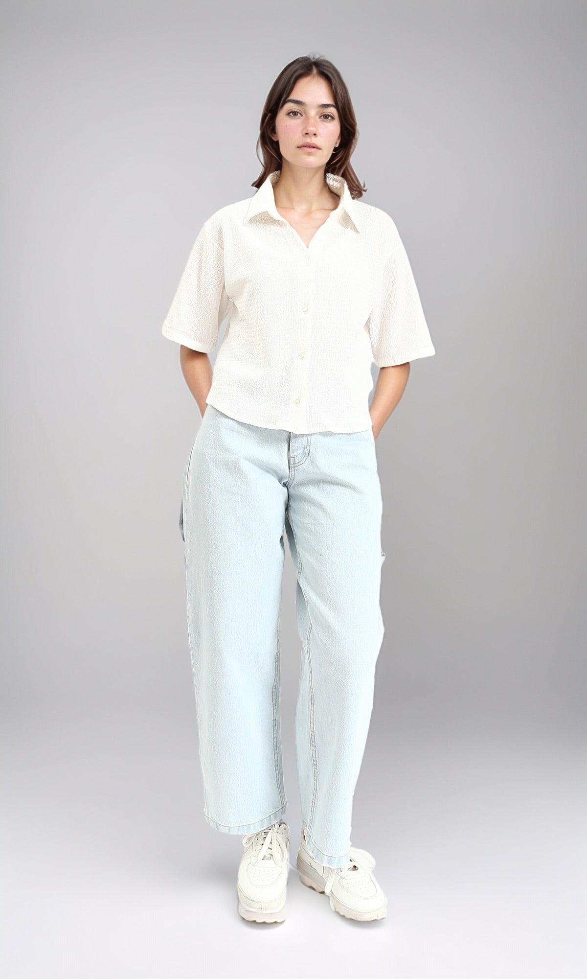 R210512 - Buttons Down Textured Short Shirt - White