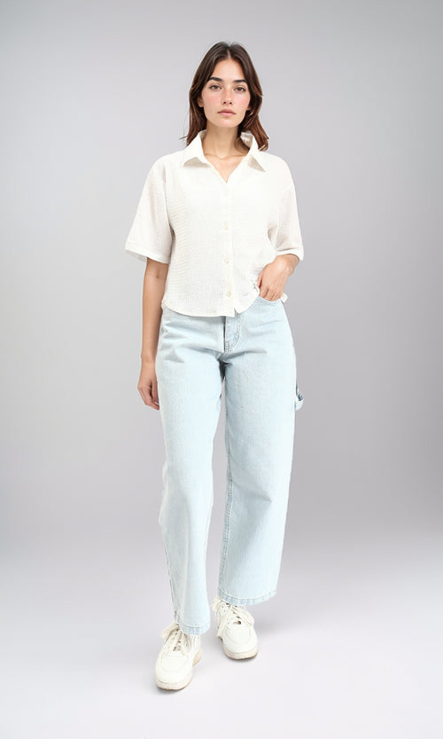 R210512 - Buttons Down Textured Short Shirt - White