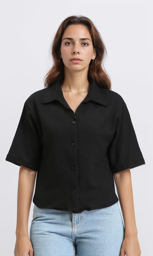 Buttons Down Textured Short Shirt - Black