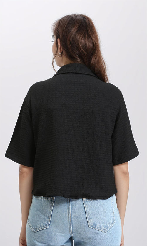 R210513 - Buttons Down Textured Short Shirt - Black