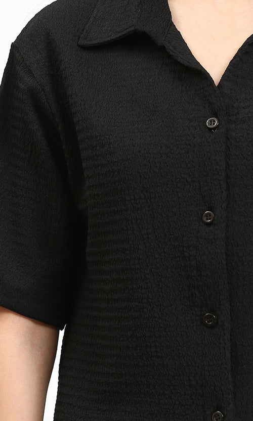 R210513 - Buttons Down Textured Short Shirt - Black