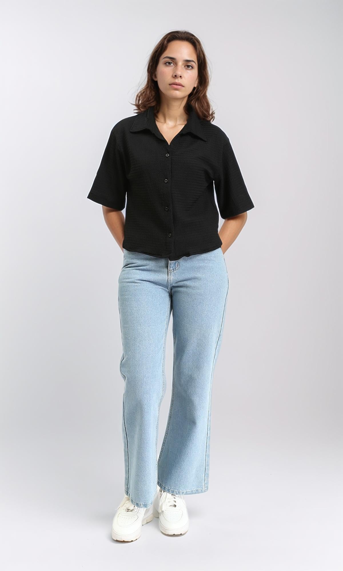 R210513 - Buttons Down Textured Short Shirt - Black