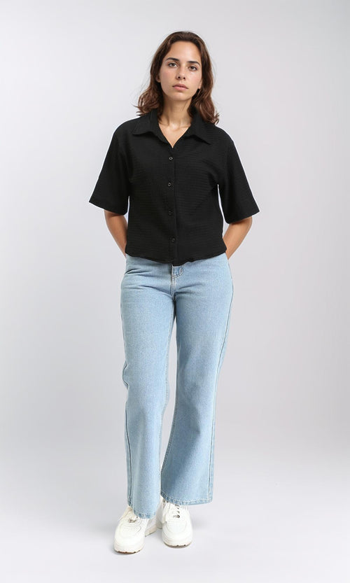 R210513 - Buttons Down Textured Short Shirt - Black