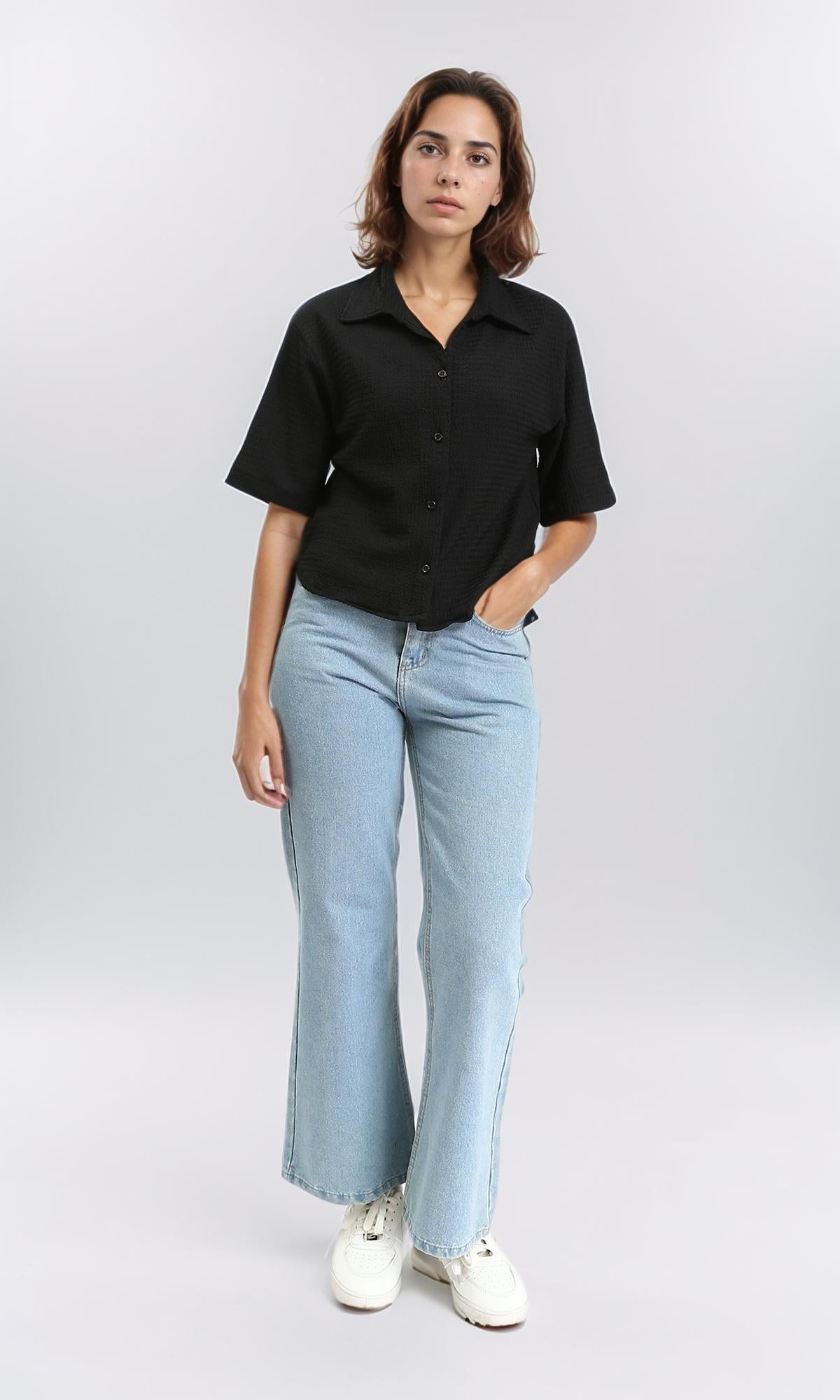 R210513 - Buttons Down Textured Short Shirt - Black