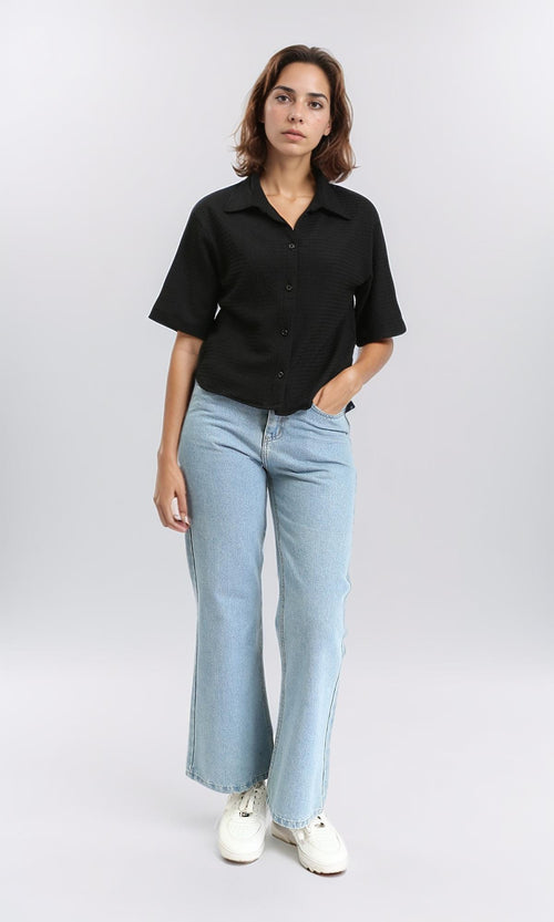 R210513 - Buttons Down Textured Short Shirt - Black