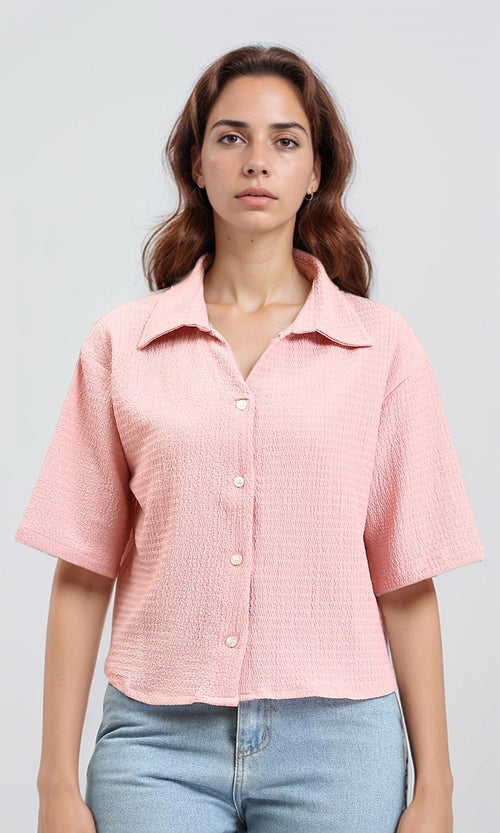 Buttons Down Textured Short Shirt - Nude Pink