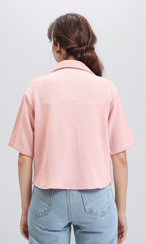 R210514 - Buttons Down Textured Short Shirt - Nude Pink