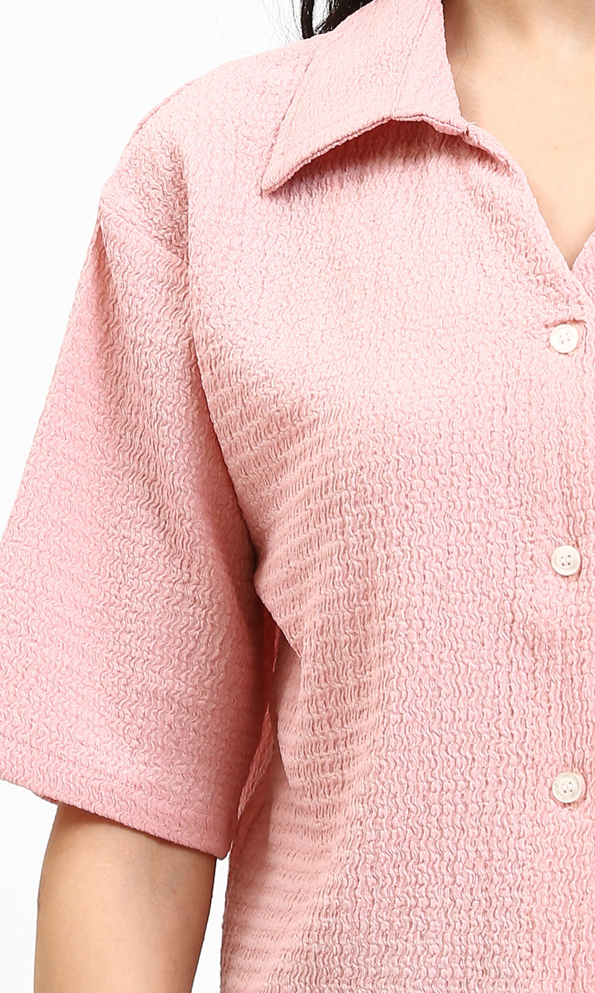 R210514 - Buttons Down Textured Short Shirt - Nude Pink