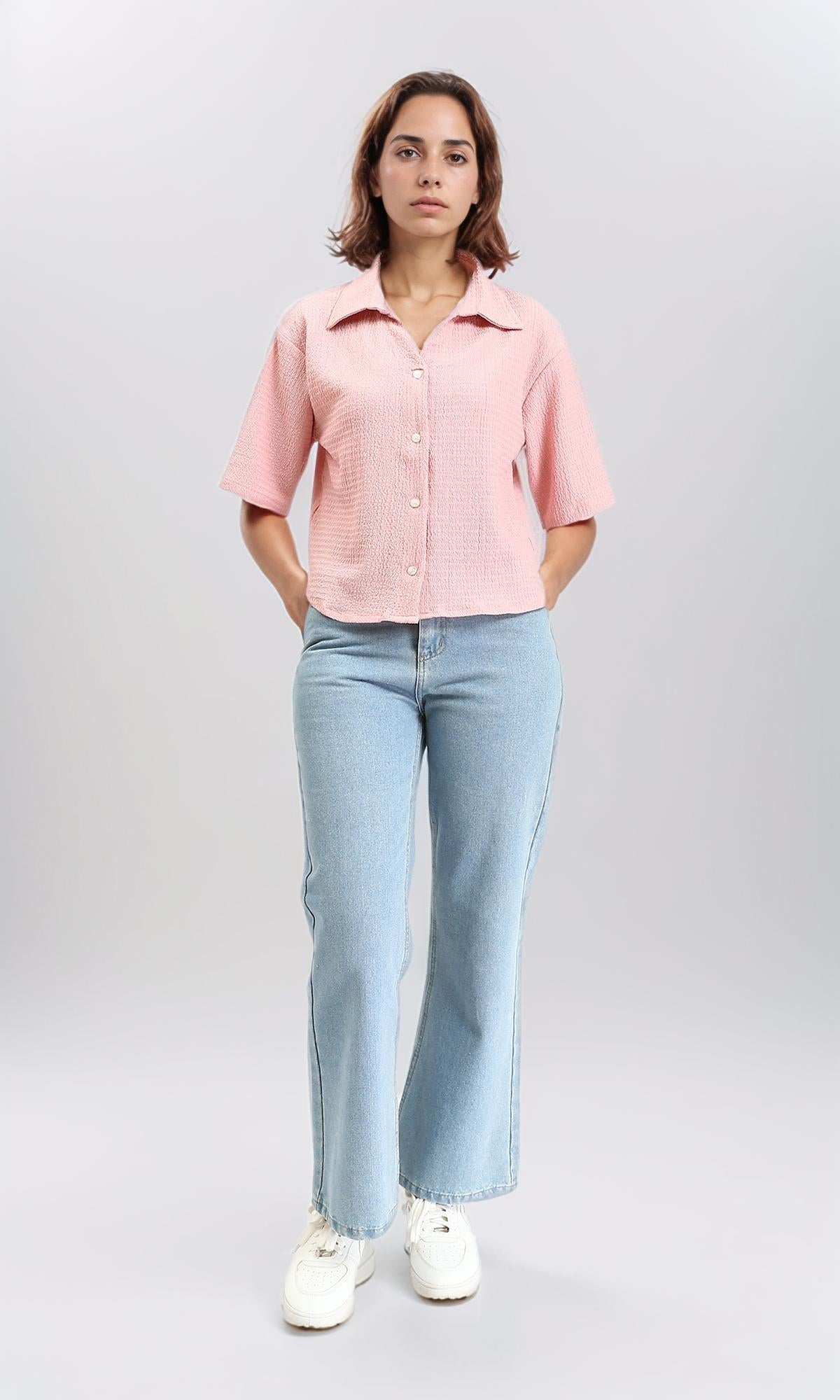 R210514 - Buttons Down Textured Short Shirt - Nude Pink