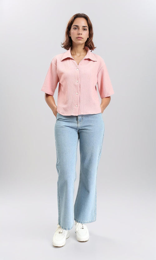 R210514 - Buttons Down Textured Short Shirt - Nude Pink