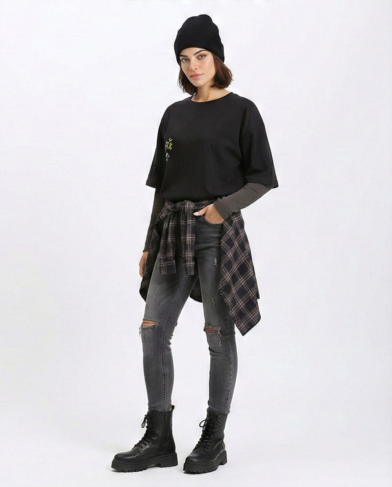 R210516 - Crew Neck Relaxed Summer Tee - Black