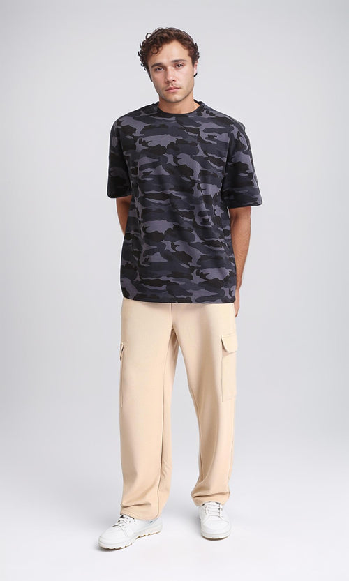 R210520 - Camouflage Elbow Sleeves Casual Tee - Grey & Dark Grey