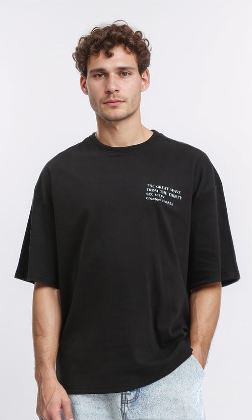 R210524 - Cotton Printed Tee with Elbow Sleeves - Black