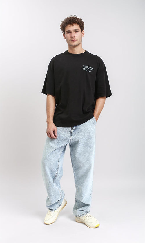 R210524 - Cotton Printed Tee with Elbow Sleeves - Black