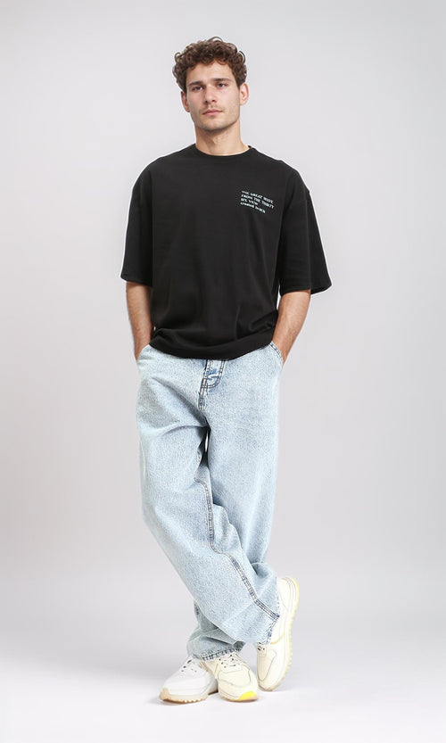 R210524 - Cotton Printed Tee with Elbow Sleeves - Black