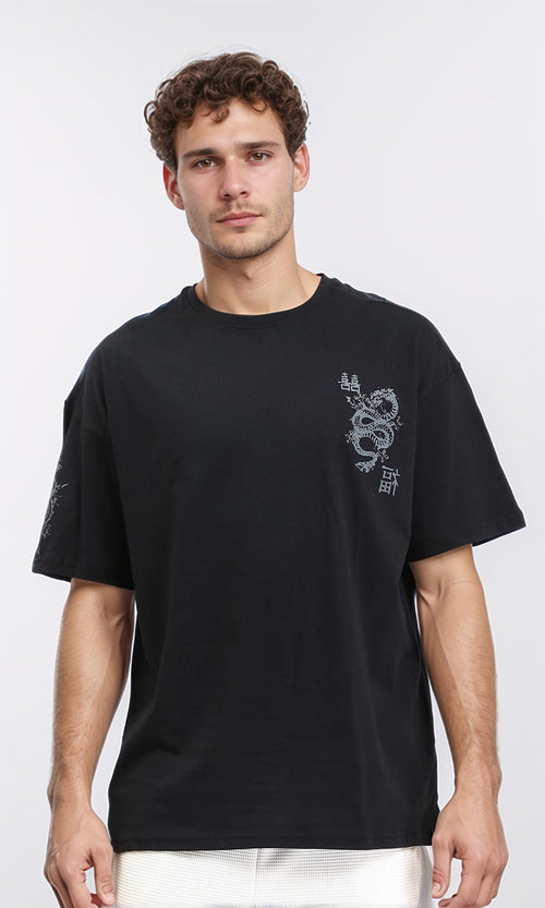 R210528 - Relaxed Fit Slip On Printed Tee - Black