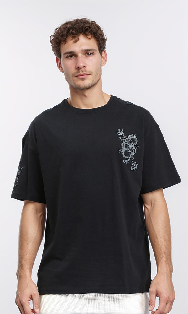 R210528 - Relaxed Fit Slip On Printed Tee - Black