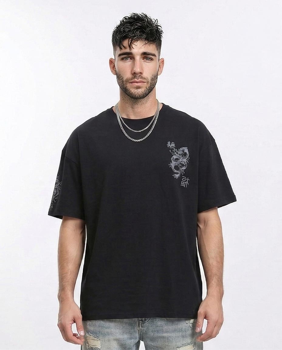 Men's Oversized Dragon Graphic Streetwear T-Shirt - Black