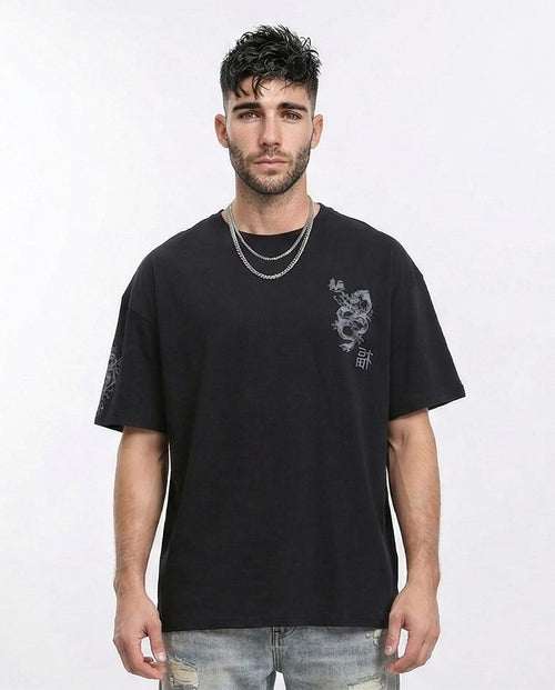 Men's Oversized Dragon Graphic Streetwear T-Shirt - Black