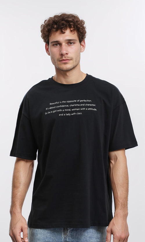 R210529 - Elbow Sleeves Printed Relaxed Tee - Black