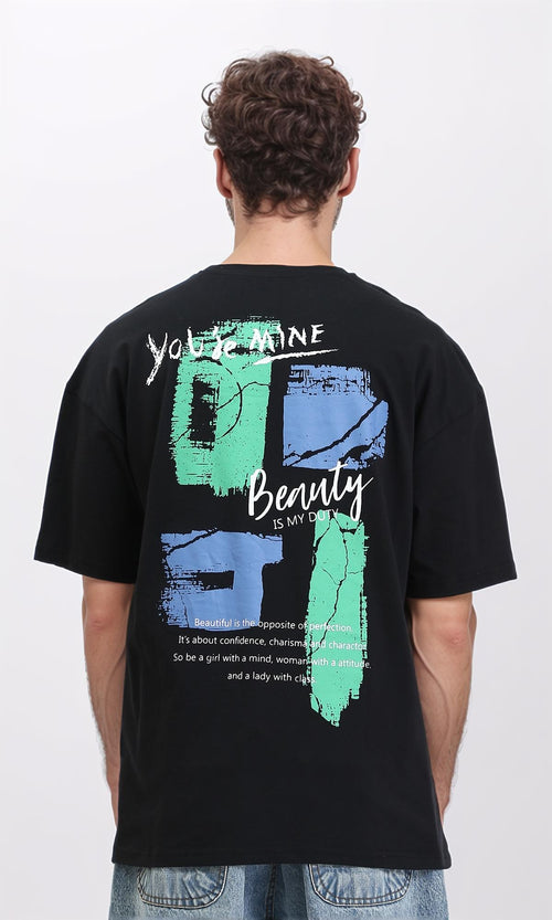 R210529 - Elbow Sleeves Printed Relaxed Tee - Black