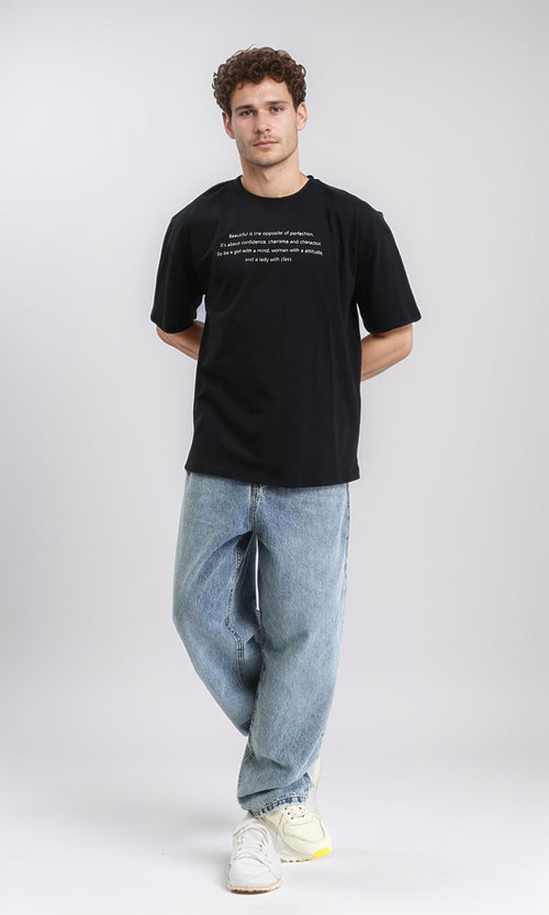 R210529 - Elbow Sleeves Printed Relaxed Tee - Black