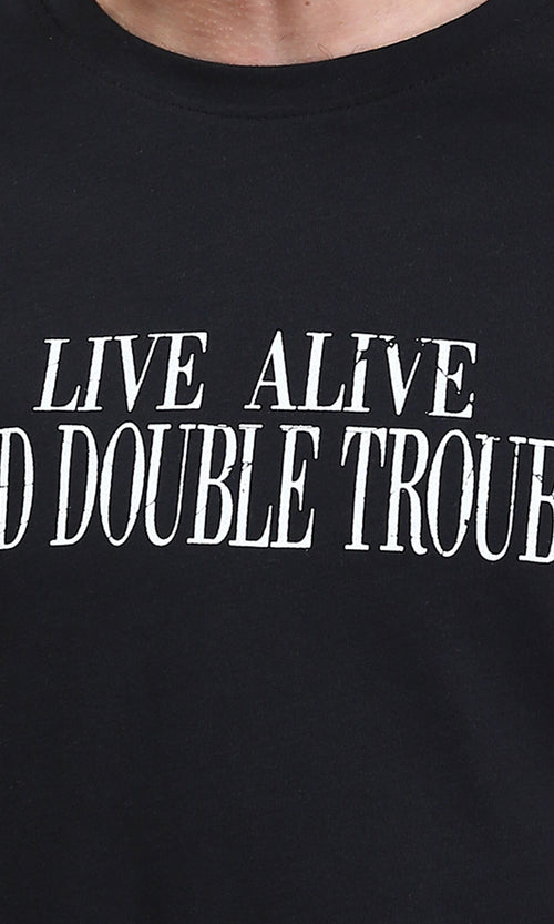 R210530 - Elbow Sleeves Crew Neck Printed Tee - Black