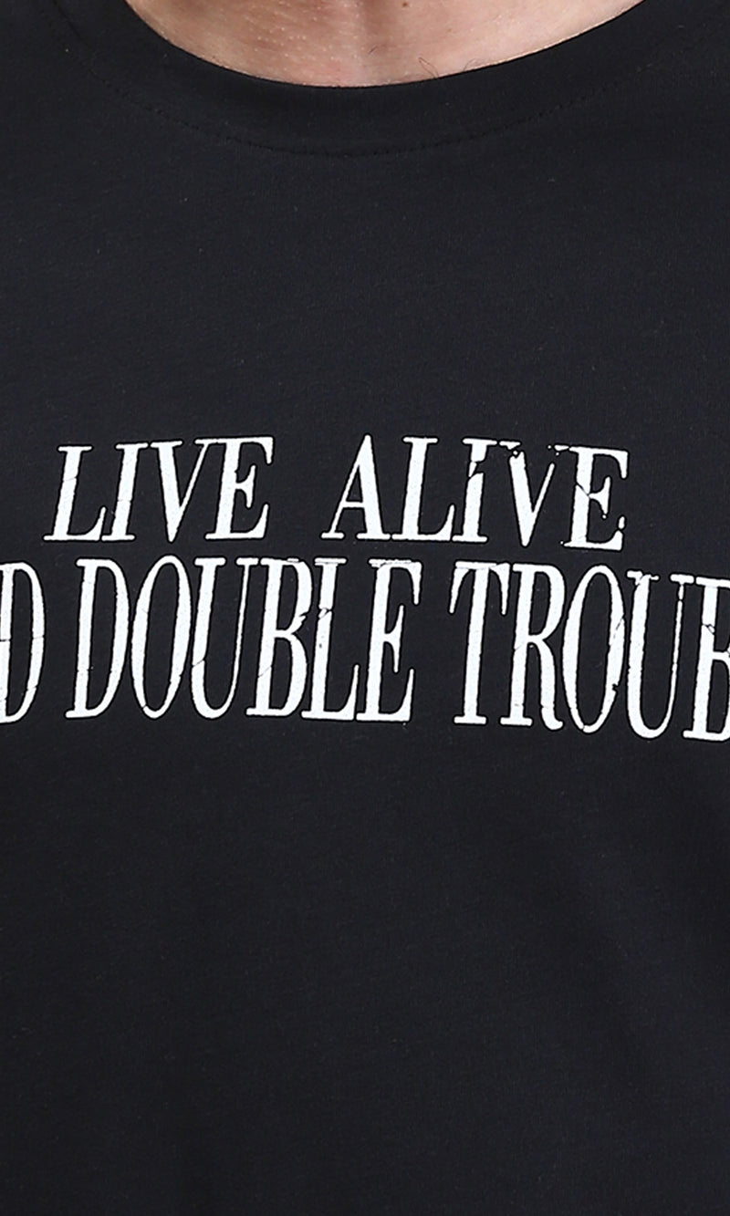 R210530 - Elbow Sleeves Crew Neck Printed Tee - Black