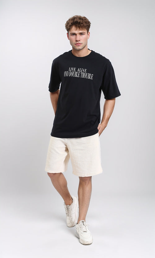 R210530 - Elbow Sleeves Crew Neck Printed Tee - Black