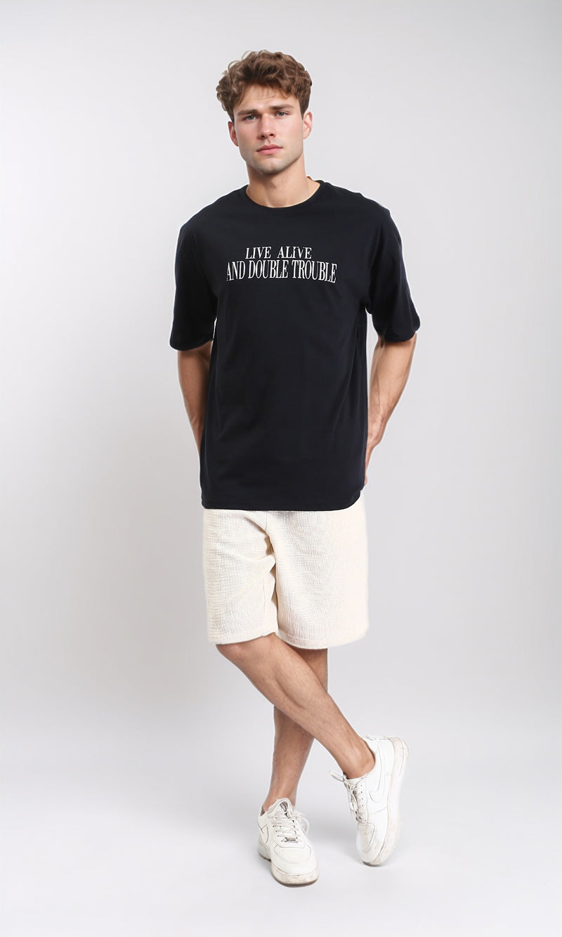 R210530 - Elbow Sleeves Crew Neck Printed Tee - Black