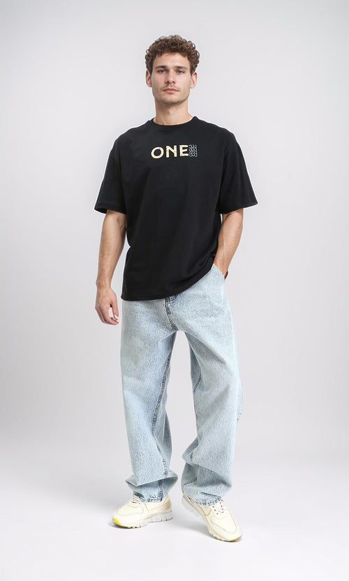 R210531 - Crew Neck Cotton Printed Tee - Black