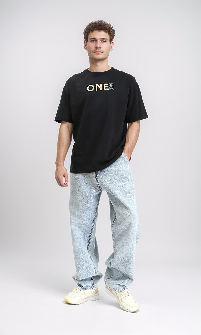 R210531 - Crew Neck Cotton Printed Tee - Black