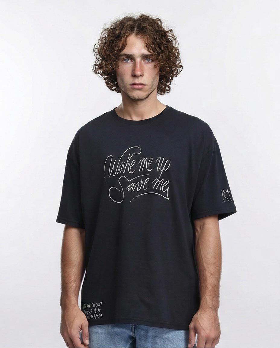 "wake Me Up" Oversized Graphic T-Shirt - Black