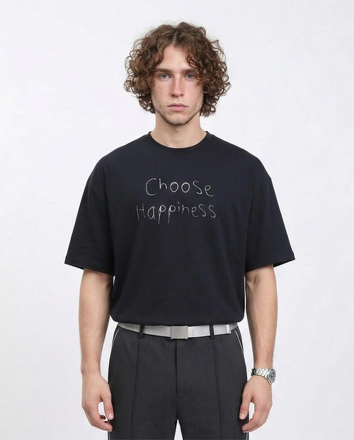 Men's "choose Happiness" Oversized Graphic T-Shirt - Black