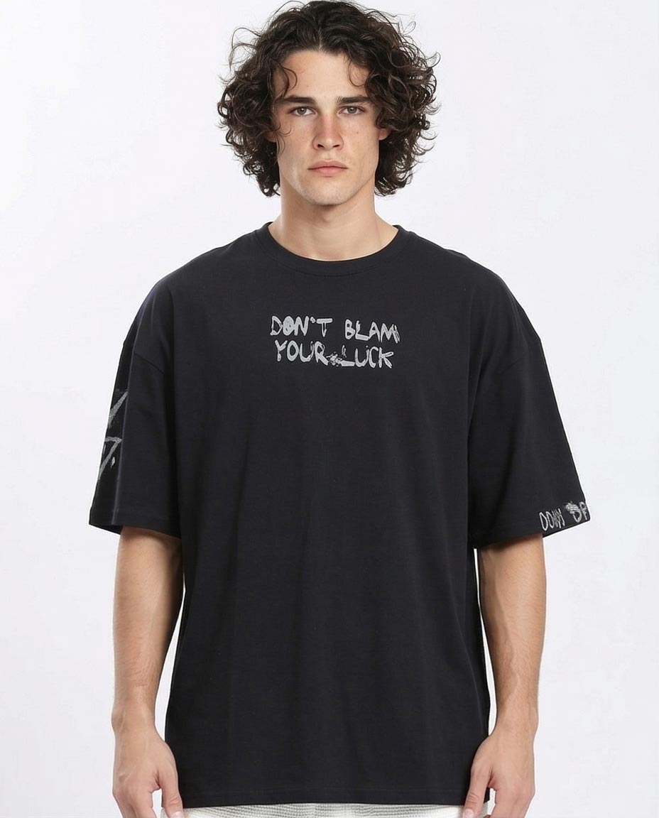 Men's Oversized "don't Blame Your Luck" Graphic T-Shirt - Black