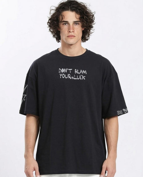 Men's Oversized "don't Blame Your Luck" Graphic T-Shirt - Black