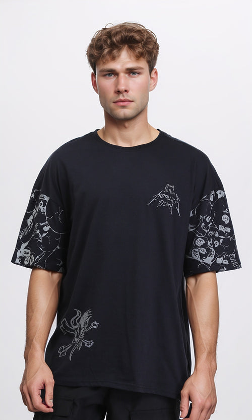 R210535 - Elbow Sleeves Printed Cotton Tee - Black