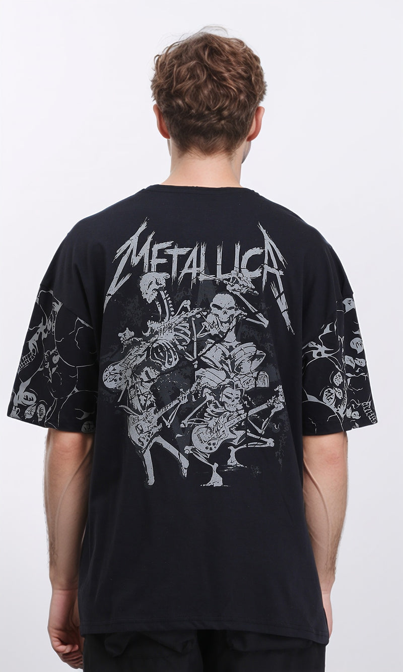 R210535 - Elbow Sleeves Printed Cotton Tee - Black