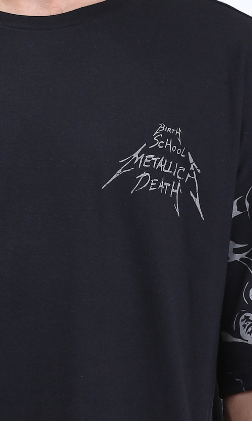 R210535 - Elbow Sleeves Printed Cotton Tee - Black